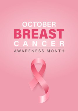 Göğüs Kanseri Farkındalığı Posteri, Vektör İllüzyonu. Ekim Pembe Kurdele İllüstrasyonu. İpek Gerçekçi Pembe Kurdeleli Göğüs Kanseri Farkındalığı Ayı Dikey Bayrağı. Sağlık Kampanyası Arkaplanı.
