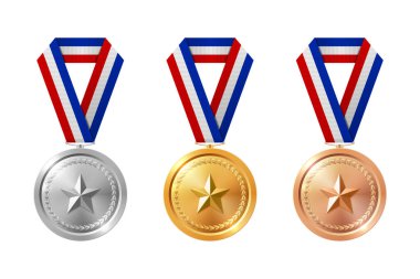 Vektör 3d Altın, Gümüş, Bronz Madalya Kümesi. Spor dalında ödül madalyası. Madalya ikonu, izole edilmiş. Madalya Rozeti Koleksiyonu. Kazanan Birinci, Üçüncü, Şampiyonluk için Kupa Şablonu.