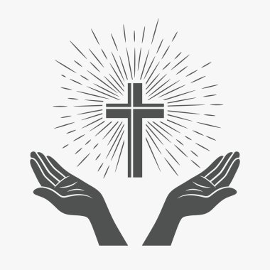 Vektör Siyah ve Beyaz Elleri Haç ile Açık. İnanç ve Duanın sembolü. Kilise logosu için tasarım şablonu. Dua, din kavramı. Monokrom Siluet Simgesini Kes. Vektör İllüstrasyonu.