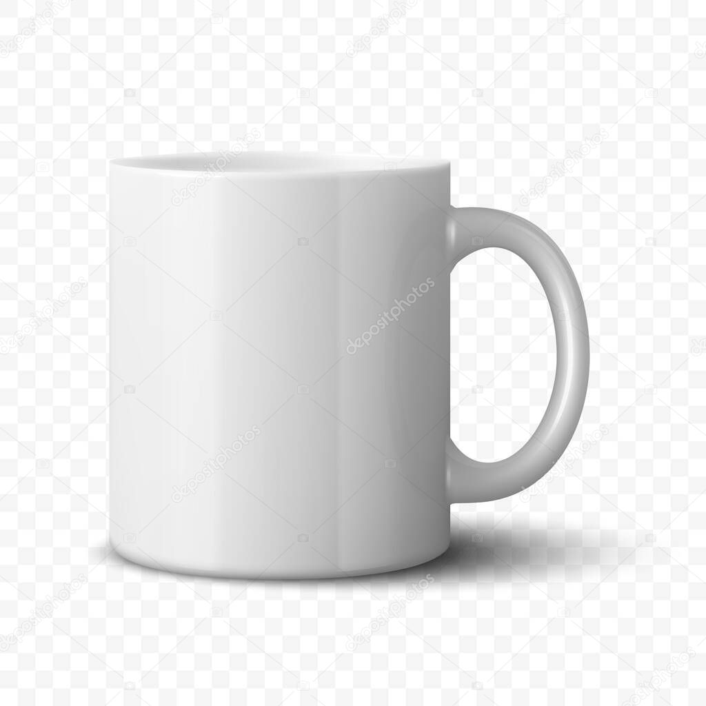 Vector 3D Realistic White Ceramic Mug. Tea or Coffee Cup, Isolated. Blank Promotional Cup for Branding, Corporate Gift, Advertising, Merchandise, Logo Template, Mockup.