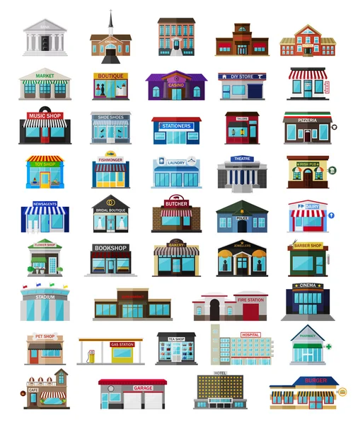 Conjunto dos edifícios e lojas da cidade plana —  Vetores de Stock
