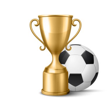 Vector 3d Bal ile Gerçekçi Futbol Kupası. Parlak Altın Kazanan Kupa Simgesi. Spor Ödülü, Futbol Şampiyonları Kupası Şablonu, Zafer Konsepti.