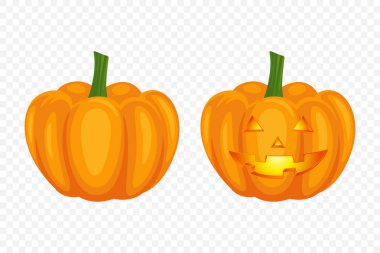 Oyulmuş yüzlü Vektör Cadılar Bayramı Balkabağı Seti. Şirin Balkabağı seti. Sonbahar Hasat, Sonbahar Dekorasyonu, Şükran Günü, Bayram Tasarımı için Renkli Cadılar Bayramı Etiketleri.