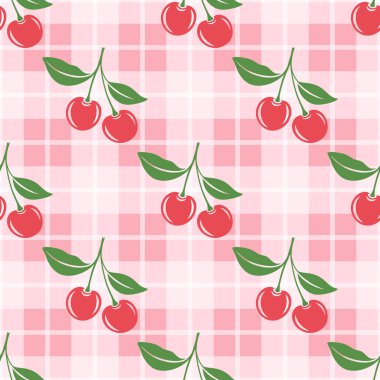 Kesik Kirazlı Vektör Kusursuz Desen. Tek, Bir Çift Kiraz ve Yapraklı Kiraz Kümesi, Tekrarlanan Yazdırma.