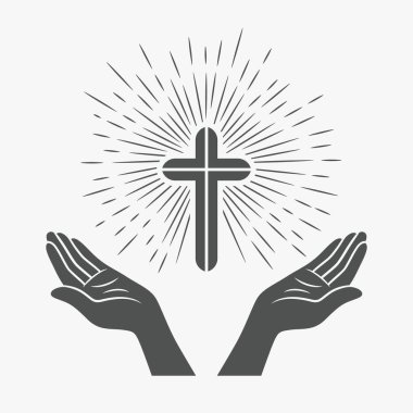 Vektör Siyah ve Beyaz Elleri Haç ile Açık. İnanç ve Duanın sembolü. Kilise logosu için tasarım şablonu. Dua, din kavramı. Monokrom Siluet Simgesini Kes. Vektör İllüstrasyonu.