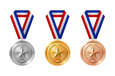 Vektör 3d Altın, Gümüş, Bronz Madalya Kümesi. Spor dalında ödül madalyası. Madalya ikonu, izole edilmiş. Madalya Rozeti Koleksiyonu. Kazanan Birinci, Üçüncü, Şampiyonluk için Kupa Şablonu.