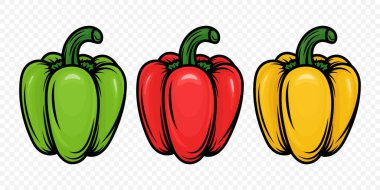 Çizgi Çizgi film Vector Bell Peppers Set with Outline. Kırmızı, Sarı, Yeşil Tatlı Biber Çizimi. Yiyecek pazarı için taze sebzeler, sağlıklı aşçılık, vejetaryen yemek tarifi tasarımı, tarım organik ürün ikonu.