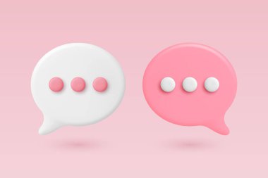 Vektör 3d Beyaz ve Pembe Sohbet Kabarcıkları. Noktalı Konuşma Balonları. Modern Haberci Simgesi, İletişim Sembolü, Sohbet Uygulaması UI Elemanı, Sosyal Medya Mesaj Şablonu.