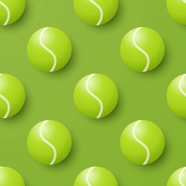 Vektör 3d Tenis Topu Kusursuz Desen. Yeşil Vektör Geçmişi ve 3 boyutlu Tenis Topları. Spor Tasarımı için Tekrarlanan Döşeme, Tekstil, Paketleme, Hediye Paketi, Kumaş İçin Tenis Topu Deseni.
