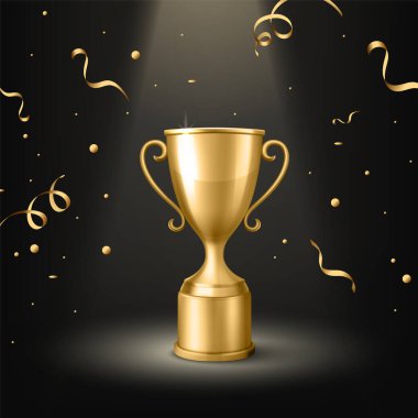 Konfeti ile Siyah Arkaplan dalında 3d Altın Kupa Ödülü. Şampiyonluk ve Başarı Kutlaması 'nın galibi. Yarışma, Seremoni, Başarı Konsepti.