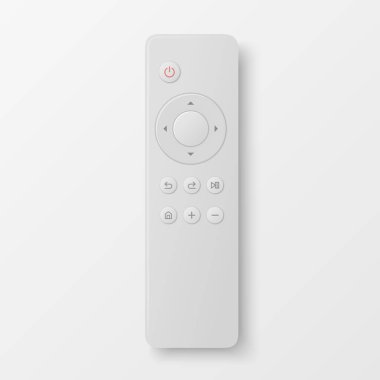 Vektör 3d Gerçekçi Beyaz TV Uzaktan Kumandası, izole edildi. Akıllı Uzaktan Denetleyici Aygıtı. Televizyon Uzaktan Denetim Simgesi, Üst Görünüm. Gölge ile Ortam Oynatıcı Denetleyici.