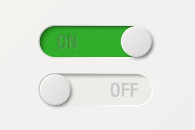 On Off Toggle Switch, Vector Illustration. Green and Red UI Slider, Toggle Button with Round Knob, Toggle Control. Vector Design Element.