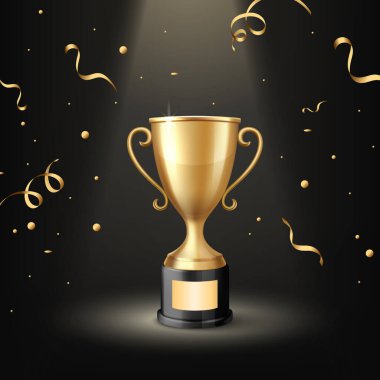 Konfeti ile Siyah Arkaplan dalında 3d Altın Kupa Ödülü. Şampiyonluk ve Başarı Kutlaması 'nın galibi. Yarışma, Seremoni, Başarı Konsepti.