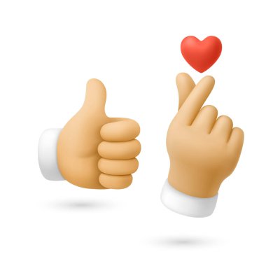 Vektör 3d Sevgi ve Aşk Elleri hazır, izole edildi. Sevgi ve Aşk Elleri. Kırmızı Kalp Simgesi 'yle Baş Parmaklıklar ve Parmak Kalp Hareketi. Sosyal Medya Tepki Sembolü, izole.