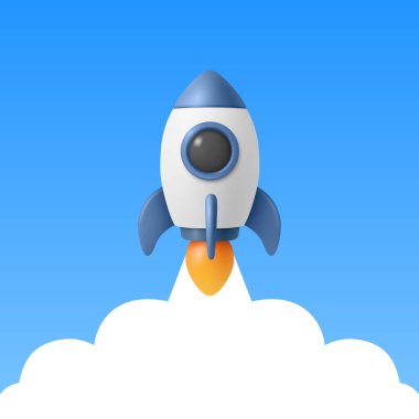 Roket Fırlatma Sancağını Kopyalama Alanı, Vektör 3d Minimal Square Banner. Startup Space Seyahat Başlığı, Uygulama UI Arkaplanı. Mavi ve Beyaz Roket Mavi Gökyüzü Bulutları 'na Fırlatıldı.