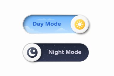 Vektör 3d Gündüz Kipi ve Gece Kipi Anahtarı Ayarlandı. Işık ve Karanlık Tema UI Düğmeleri ve Güneş ve Ay Simgeleri. Web ve Mobil Tasarım için Uygulama Arayüzü Kontrol Elemanı.