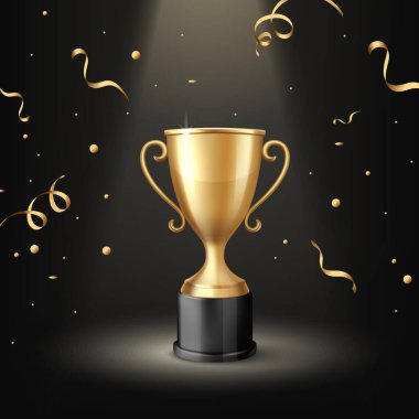Konfeti ile Siyah Arkaplan dalında 3d Altın Kupa Ödülü. Şampiyonluk ve Başarı Kutlaması 'nın galibi. Yarışma, Seremoni, Başarı Konsepti.