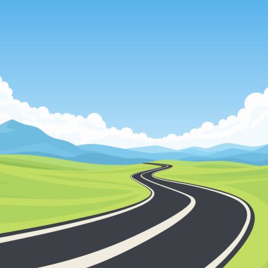 Viraj Yolu Manzarası, Çizgi Film Vektör İllüstrasyonu. Mavi Dağlar ve Bulutlarla Yeşil Tepeler 'den geçen Manzaralı Otoyol. Yaz Kırsal Meydanı Arkaplanı. Eğri Asfalt Yolu Perspektifi.