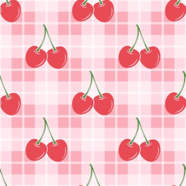 Pembe Gingham ızgarasında Şirin Kırmızı Kirazlı Kiraz Şekersiz Desenli Arkaplan. Tekstil, Kumaş, Ambalaj Kağıdı, Yüzey Tasarımı için Kirazlı Meyve Kağıdı. Yazdırmayı Tekrarla.