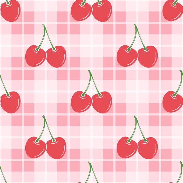 Pembe Gingham ızgarasında Şirin Kırmızı Kirazlı Kiraz Şekersiz Desenli Arkaplan. Tekstil, Kumaş, Ambalaj Kağıdı, Yüzey Tasarımı için Kirazlı Meyve Kağıdı. Yazdırmayı Tekrarla.