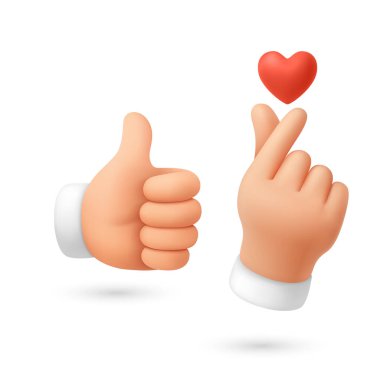 Vector 3d Like ve Love Hands and Heart Set, izole edilmiş. Sevgi ve Aşk Elleri. Kırmızı Kalp Simgesi 'yle Baş Parmaklıklar ve Parmak Kalp Hareketi. Sosyal Medya Tepki Sembolü, izole.