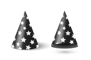 Vektör 3d Gerçekçi Siyah ve Beyaz Parti Şapkası. Doğum günü için Parlak Kutlama Partisi Şapkası. Yeni yıl, bayram etkinliği, karnaval dekorasyonu. Şenlikli Aksesuar. Parti Şapkası Çizimi.