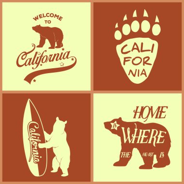 Set of vintage monochrome california emblems and design elements.