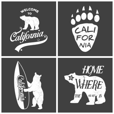 Set of vintage monochrome california emblems and design elements. Grunge effect can be edited or removed.