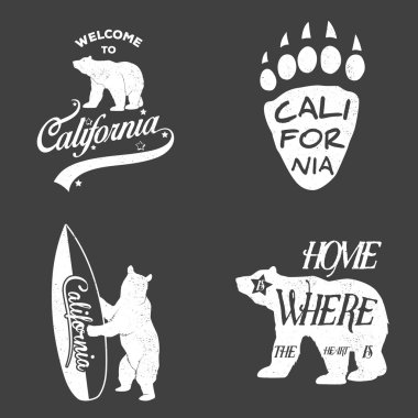 Set of vintage monochrome california emblems and design elements. Grunge effect can be edited or removed.