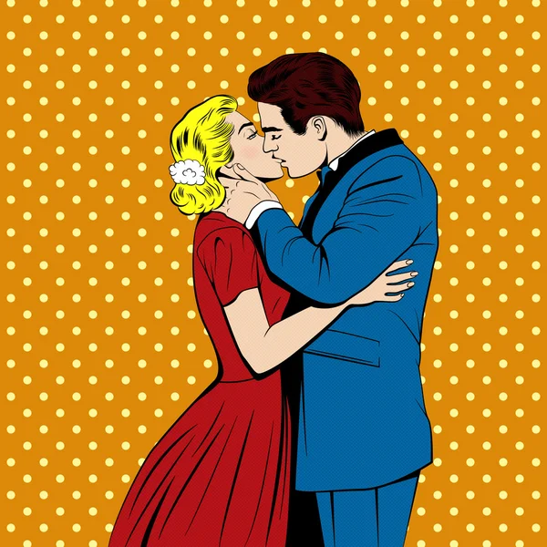 Vector besos pareja en el pop art comics estilo — Vector de stock