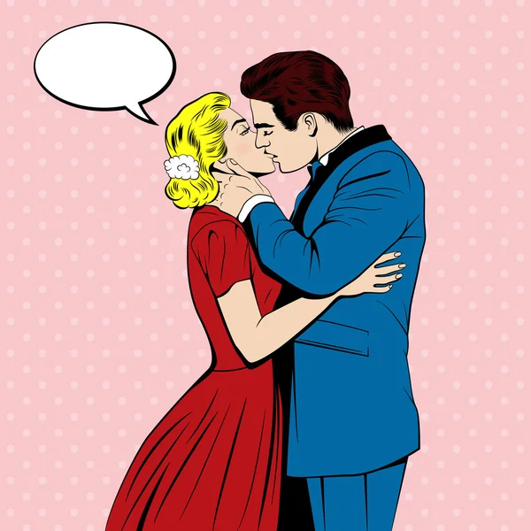 Vector besos pareja en el pop art comics estilo — Vector de stock