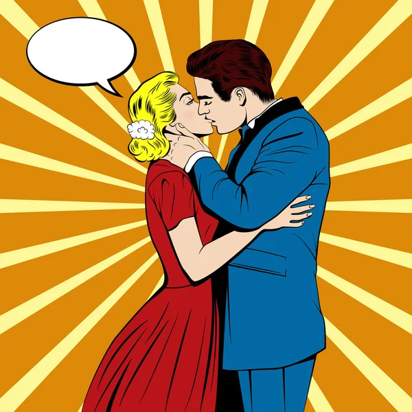 Vector besos pareja en el pop art comics estilo — Vector de stock