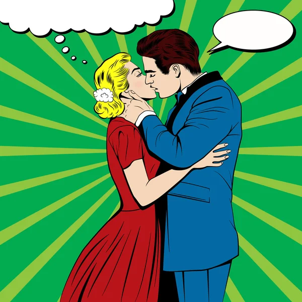 Vector besos pareja en el pop art comics estilo — Vector de stock