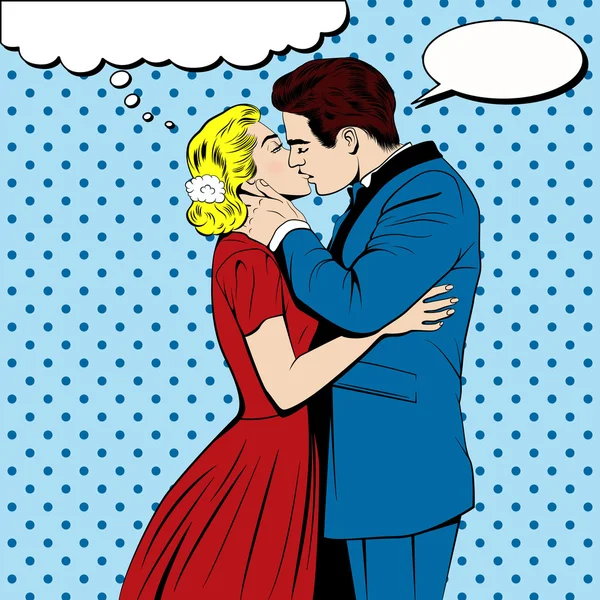 Vector besos pareja en el pop art comics estilo — Archivo Imágenes Vectoriales