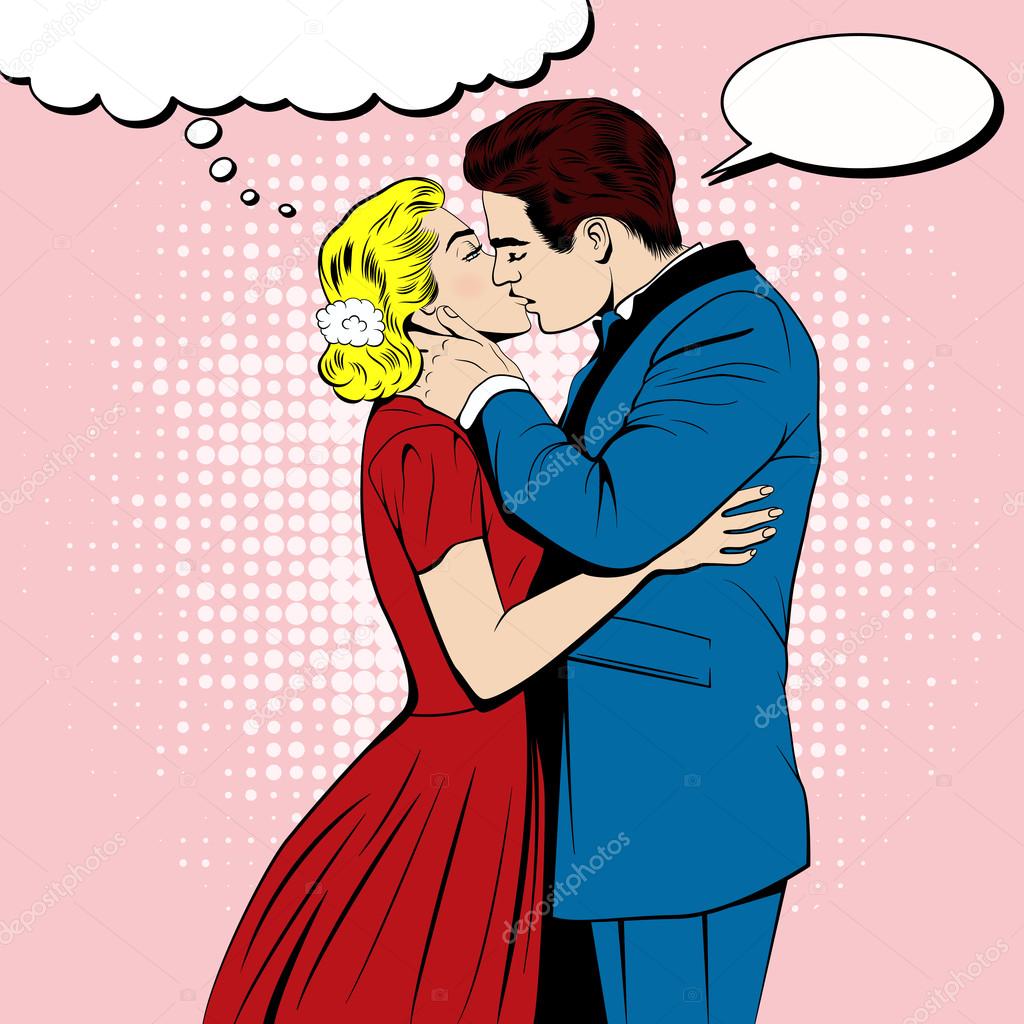 Vector kissing couple in the pop art comics style