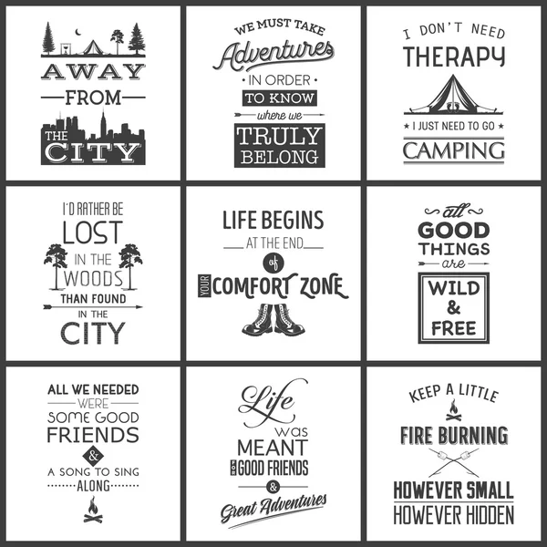 Ensemble de citations typographiques de camping vintage — Image vectorielle