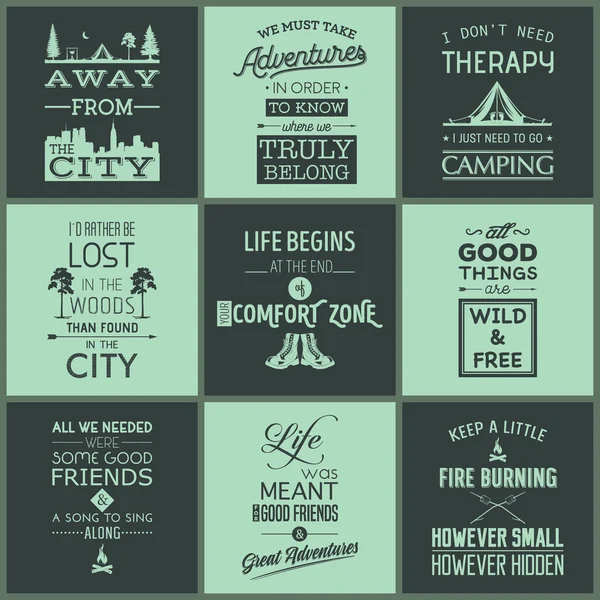 Set di citazioni tipografiche da campeggio vintage — Vettoriale Stock
