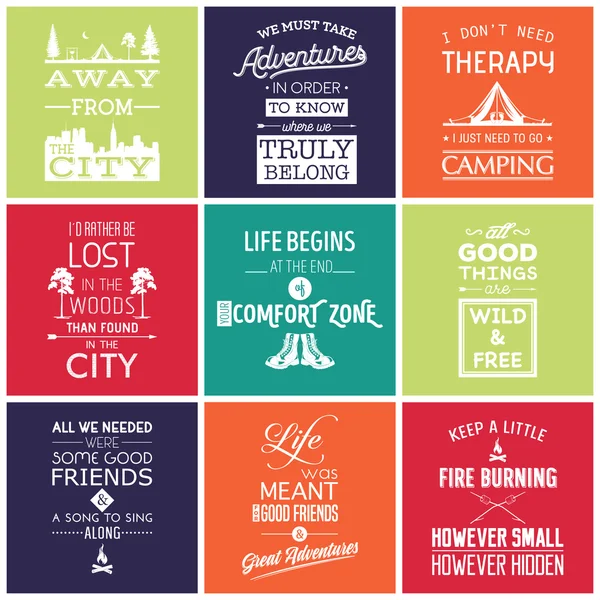 Ensemble de citations typographiques de camping vintage — Image vectorielle