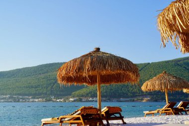 Beyaz kumlu ve kakao palmiyeli tropik cennet plajı güneş şemsiyeli geniş panorama arka plan konseptiyle seyahat eder. Lüks turizm konsepti