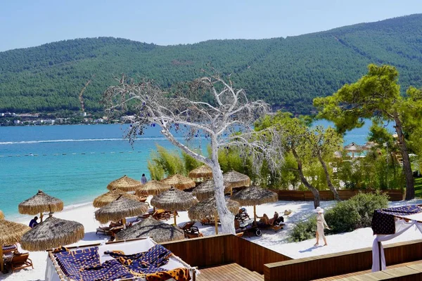 Türkiye 'deki Lujo Otel' de cennet tropik Bodrum plajı manzarası, plaj yatağı, okyanusa bakmak için fasulye koltuğu ve şemsiye. Tatil konseptinde dinlen..