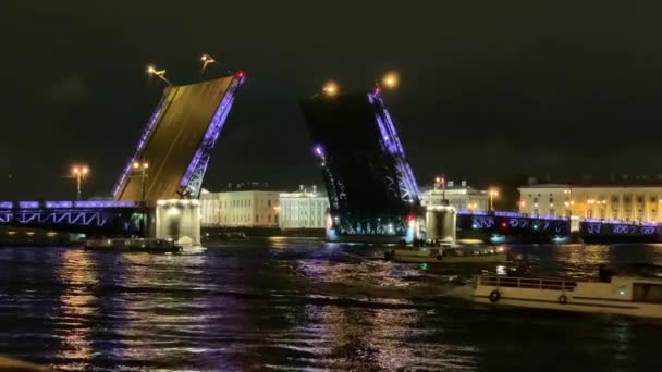 Saray 'ın tarihi köprüsünü mor ve mavi ışıkla açmak. Aziz Petersburg. Rusya. — Stok video