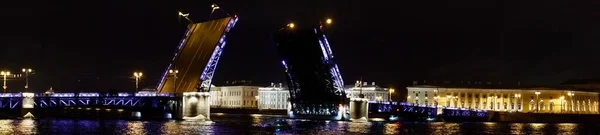 Sankt Petersburg. Ryssland. Panoramautsikt. Palatsbron är skild. Höja broarna. Broar från Petersburg. Utsikt från Neva till Hermitaget. Vinterpalatset på kvällen. Panorama över — Stockfoto