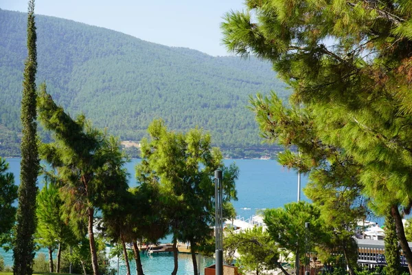 Panorâmica paisagem vista incrível. Vista pitoresca da manhã do destino popular Turquia - Bodrum, mar Egeu lagoa. Marina de verão incrível do mar Egeu. Beleza da natureza fundo conceito. Branco — Fotografia de Stock