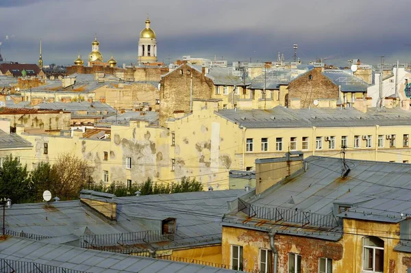 Panoramisch uitzicht, Concept voor onroerend goed panoramisch modern stadsgezicht gebouw vogelperspectief onder zonsopgang en ochtend blauwe heldere hemel in Sint-Petersburg, Rusland Stedelijk landschap contrasteren de planten — Stockfoto