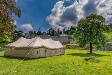 Medieval knight tent below the old historic Belgrade Fortress in Kalemegdan park in Belgrade, capital of Serbia