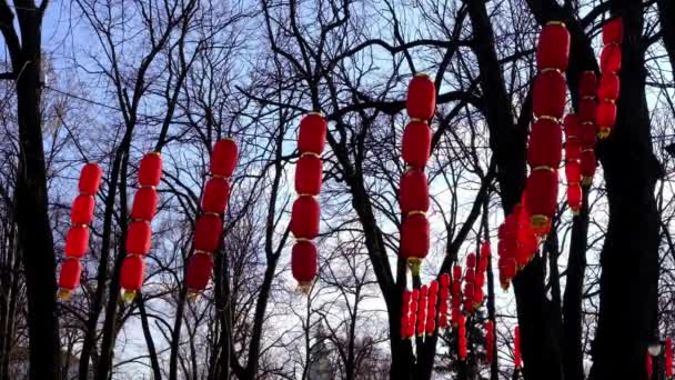 セルビアの首都ベオグラードの要塞のKalemegdan公園に吊るされた中国の旧正月赤い提灯 — ストック動画