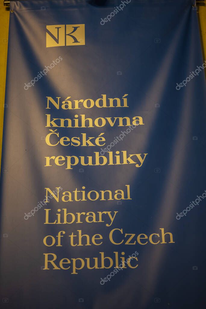 Blue banner promoting National Library of the Czech Republic in Prague, Czech Republic on 11 July 2024