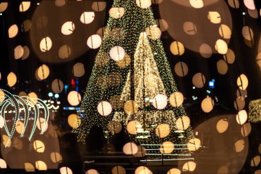 Güzel ışıklandırılmış bir Noel ağacı. Etrafı şenlikli bokeh ışıklarıyla çevrili. Sıcak ve neşeli bir tatil ortamı yaratıyor.