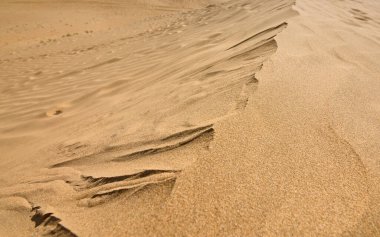 Çöl manzarasında rüzgar desenleri olan kum tepeciklerine yakın çekim.