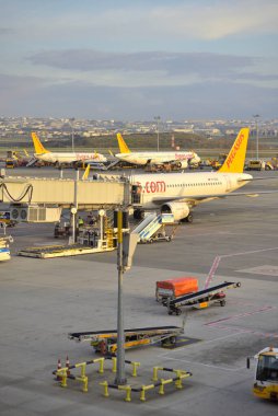 Pegasus Havayolları Türkiye 'nin 15 Aralık 2025 tarihinde İstanbul, Türkiye' deki Sabiha Gökçen Uluslararası Havalimanı 'ndaki işletim üslerinde düşük maliyetli uçaklar